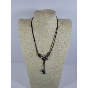Chico's Silvertone Gunmetal Y Pendant Necklace Geometric Double Strand Enamel